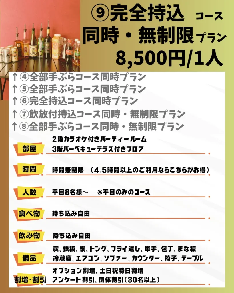 ⑨完全持込コース同時無制限プラン