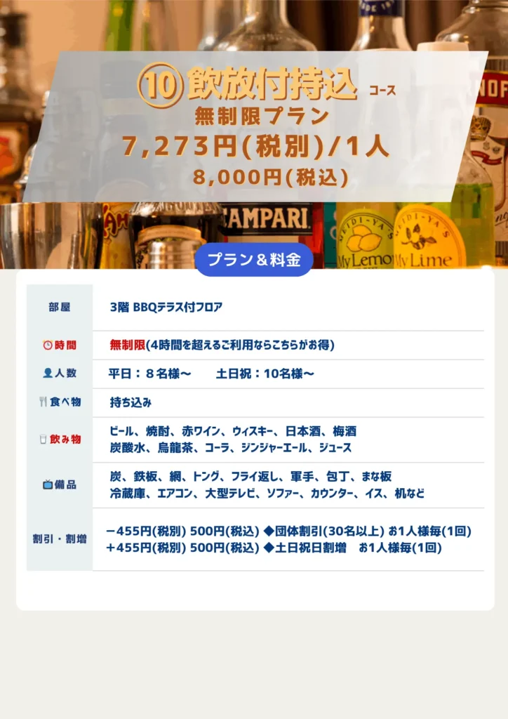 10飲放付持込コース-時間無制限プラン