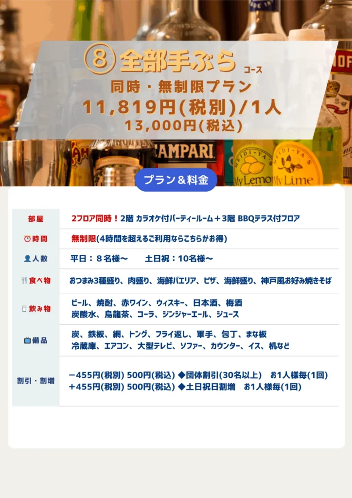 8全部手ぶらコース-2フロア同時時間無制限プラン