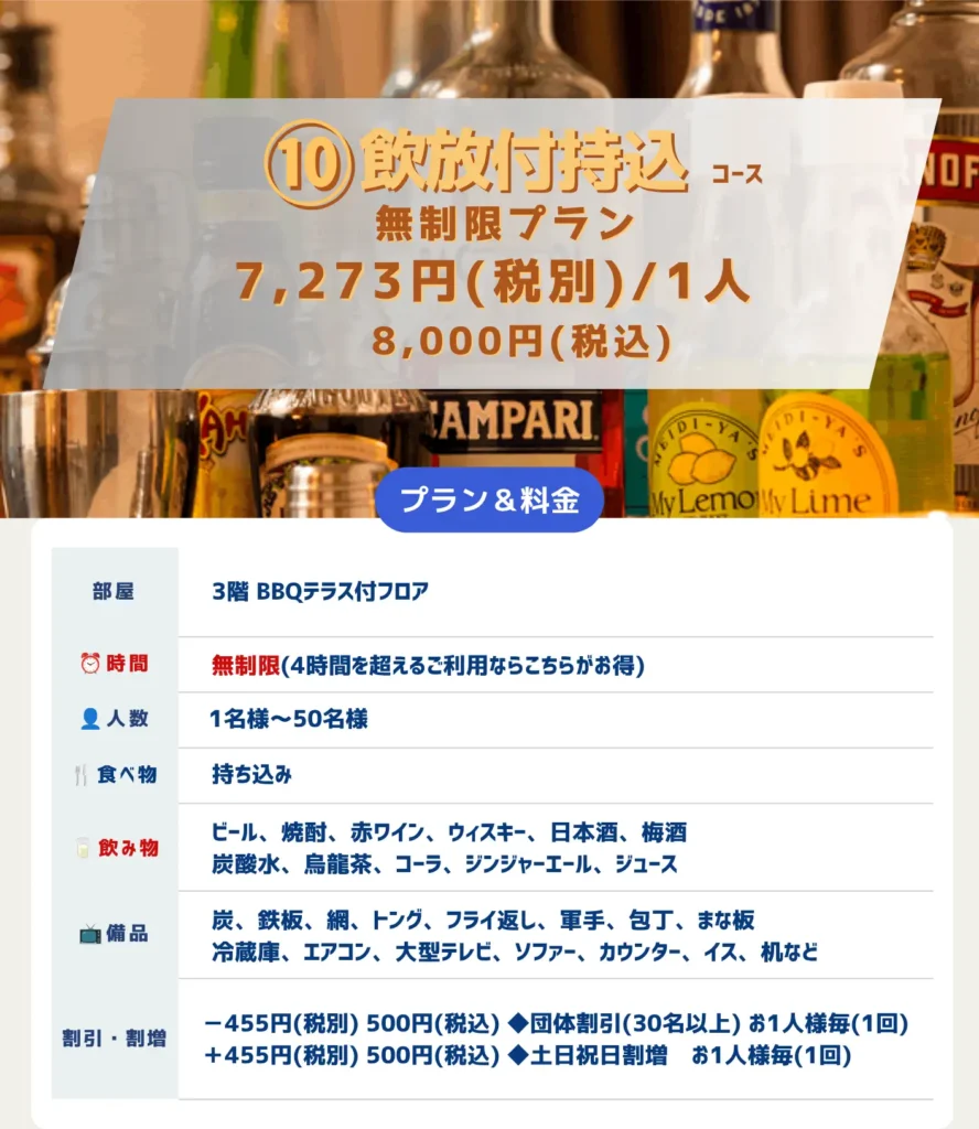 10飲放付持込コース-時間無制限プラン